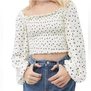 Line and Dot Off Shoulder Polka Dot Puff Sleeve Top